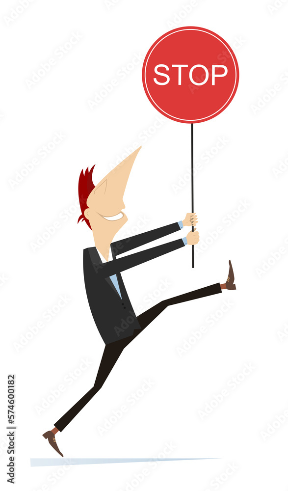 Walking man holding banner stop.
Cartoon man holding a banner with stop sign. Isolated on white background
Walking man holding banner stop.
Cartoon man holding a banner with stop sign. Isolated on white background