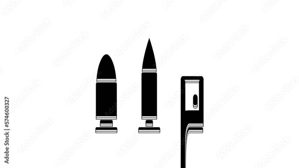 Black Bullet and cartridge icon isolated on white background. 4K Video motion graphic animation Black Bullet and cartridge icon isolated on white background. 4K Video motion graphic animation