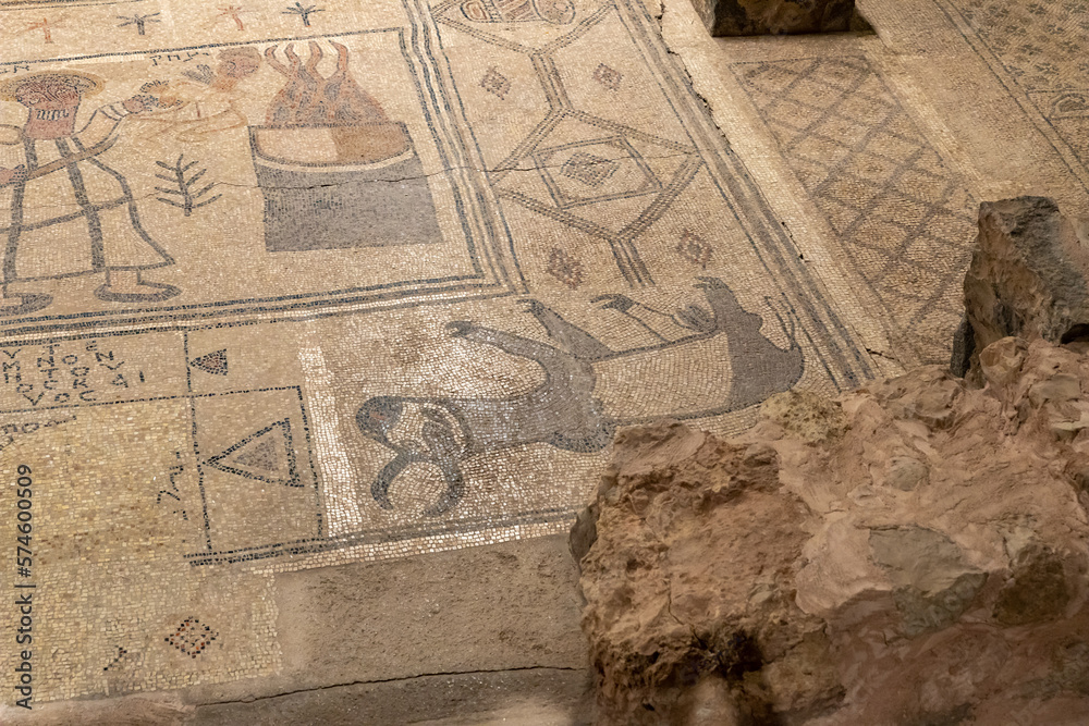 A well-preserved mosaic on the floor of a ruined synagogue in the settlement of Beit Alfa - kibutz Heftziba, in the Jordanian valley,the north of Israel
