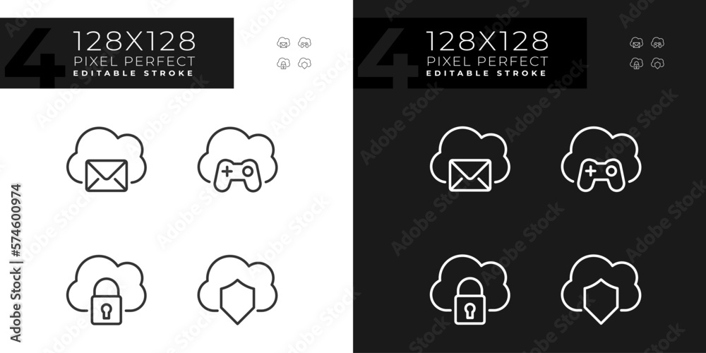Purposes of cloud computing pixel perfect linear icons set for dark ...