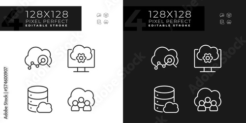 Cloud based service pixel perfect linear icons set for dark, light mode. Users access to data on internet. Thin line symbols for night, day theme. Isolated illustrations. Editable stroke