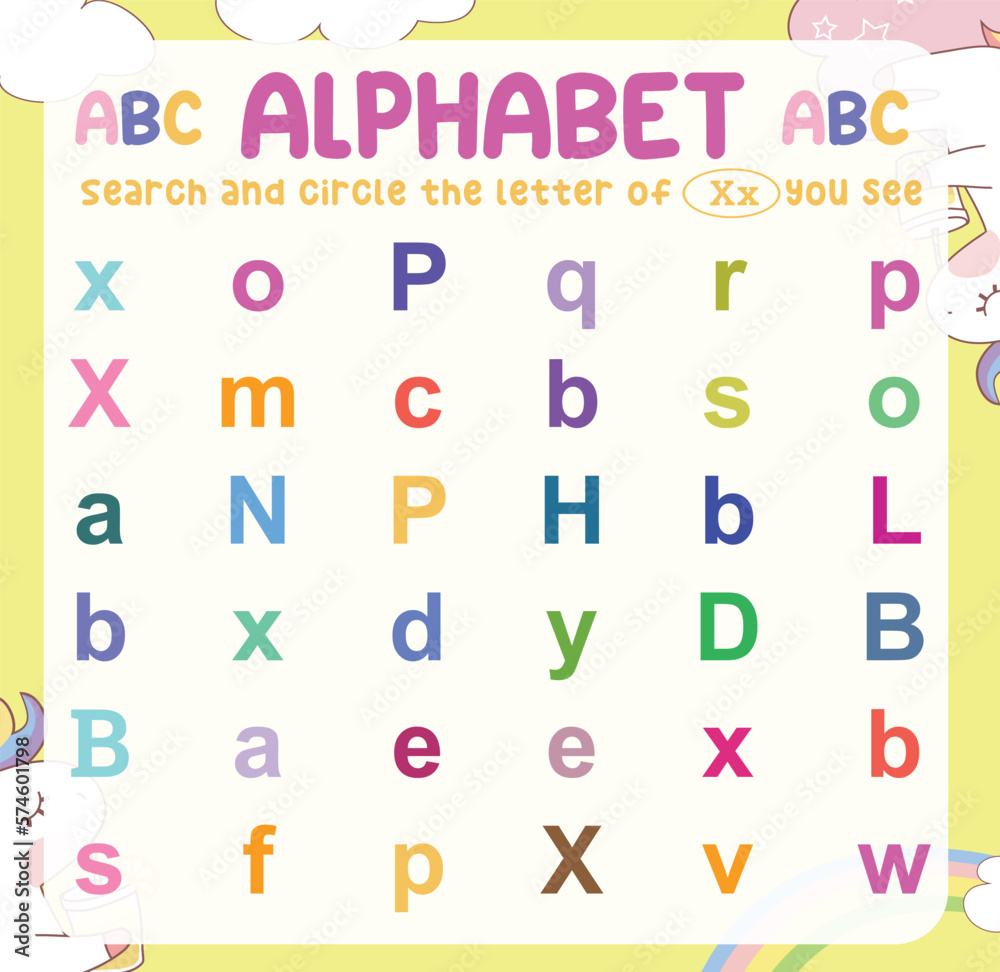 Search and circle the uppercase and lowercase of every X letter on the worksheet. Learning the alphabet for kindergarten and preschool children. Colorful and printable page. Educational worksheet. Search and circle the uppercase and lowercase of every X letter on the worksheet. Learning the alphabet for kindergarten and preschool children. Colorful and printable page. Educational worksheet.