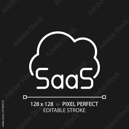 SaaS cloud computing pixel perfect white linear icon for dark theme. Developing software for online servers. Thin line illustration. Isolated symbol for night mode. Editable stroke