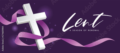 Lent, the season of renewal - white 3D cross crucifix with Line purple ribbon rolling and light around on dark background vector design