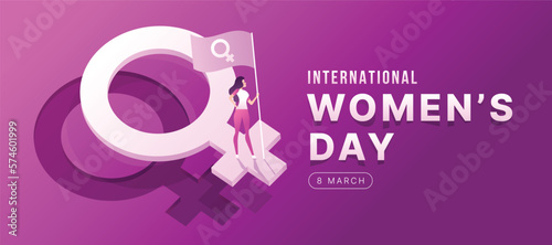 International women's day - Woman holding a female symbol flag standing on 3D female block is float up on purple background vector design