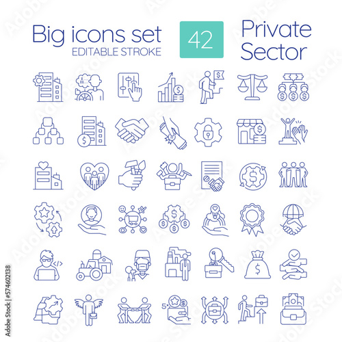Private sector of economics linear icons set. Business ownership type. Development of entrepreneurship. Customizable thin line symbols. Isolated vector outline illustrations. Editable stroke