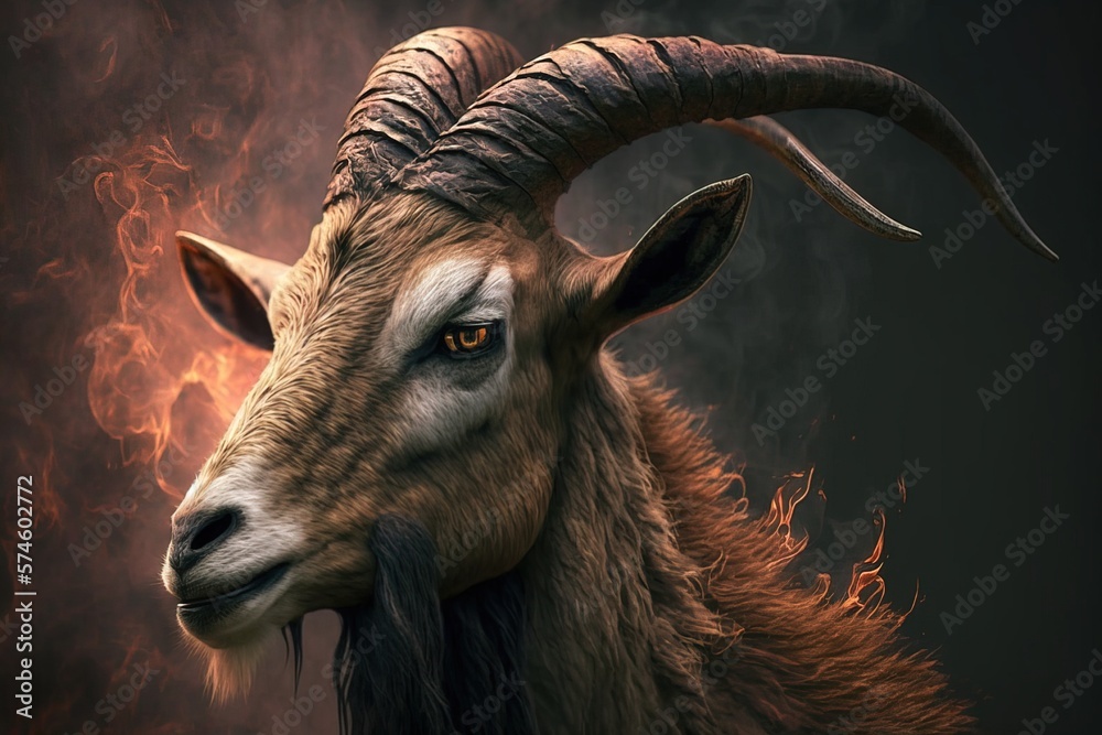 Close up image of a goat with big horns in his head with fire in background, look spooky  generative ai