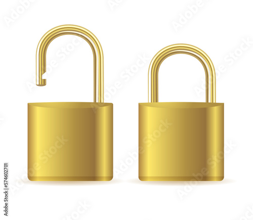 Gold padlocks set. Golden closed and open padlock isolated. Chrome locks template.Vector