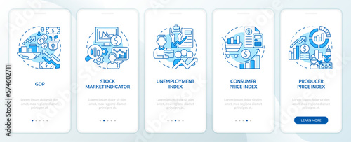 Economic indicators blue onboarding mobile app screen. Analytics walkthrough 3 steps editable graphic instructions with linear concepts. UI, UX, GUI template. Myriad Pro-Bold, Regular fonts used