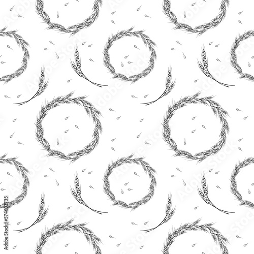 Cute seamless repeat pattern with ears of wheat and wreaths on a white background. Floral ornament with an ear of wheat. Drawn by hand. Delicate pattern, minimalist style, sketch