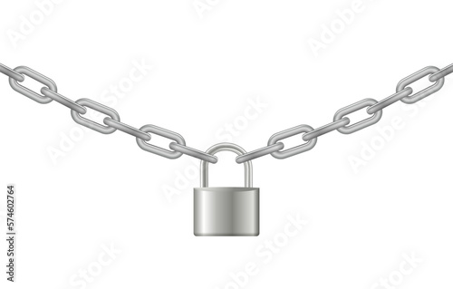 Padlock and chain. Gray metal chain and padlock, handcuffed card, vector