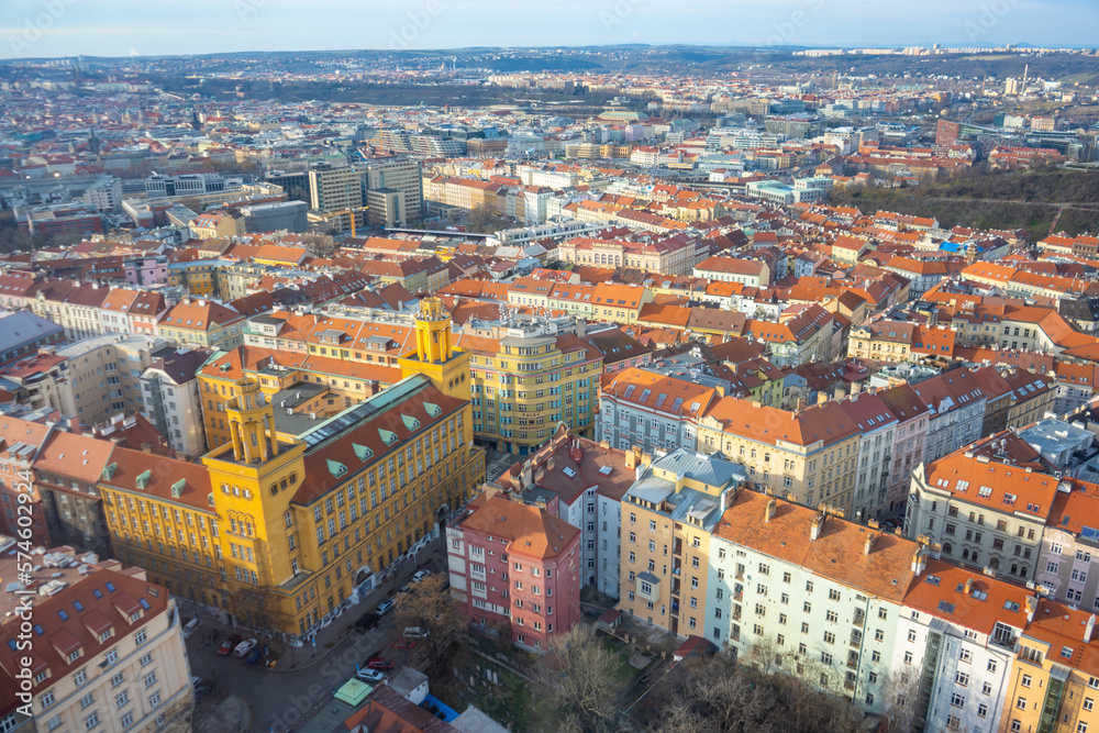 View of the old and new part of the city from Zizkov Television Tower in Prague, Czech republic
