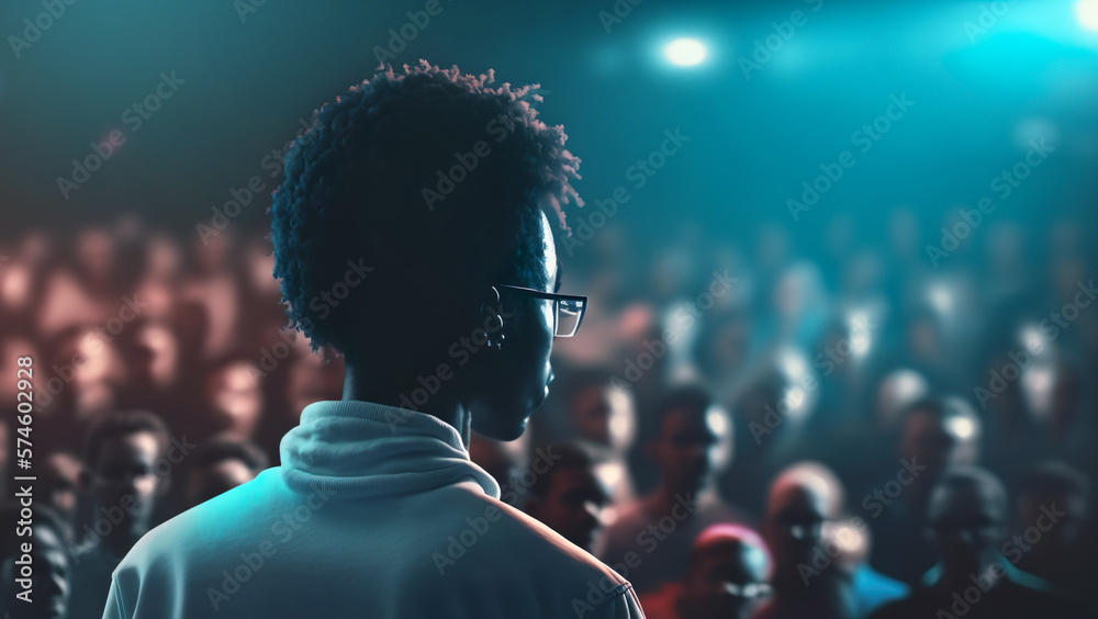 Black Lives Matter concepts with person speaking or talking on stage with many people listening.communication,convinc and change mindset.generative ai technology Black Lives Matter concepts with person speaking or talking on stage with many people listening.communication,convinc and change mindset.generative ai technology