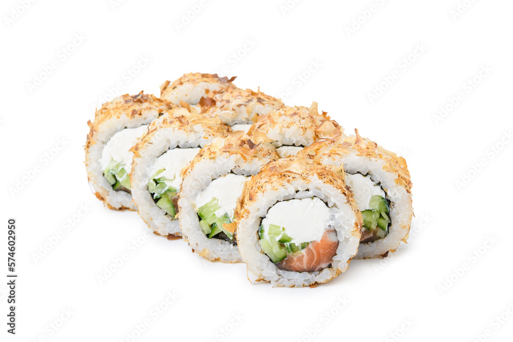 Portion of sushi on a white background. Sushi (rolls) with cheese and salmon and bonito Portion of sushi on a white background. Sushi (rolls) with cheese and salmon and bonito