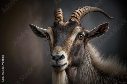 A wild life photo image of a beautiful goat with beard and horns, close up picture high resolutions generative ai