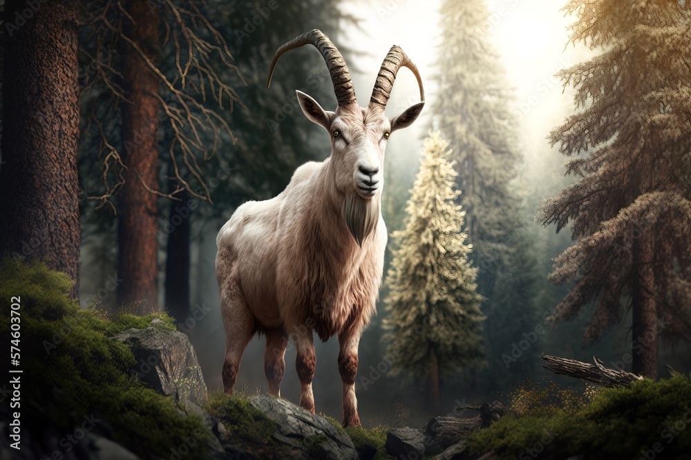 An illustrations of a white goat with big horns, standing proud with forest tress in te background generative ai An illustrations of a white goat with big horns, standing proud with forest tress in te background generative ai