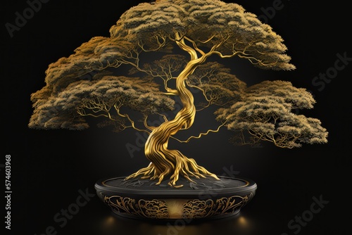 A shiny beautiful plant interior decoration, golden bonsai tree on a black background. Generative AI