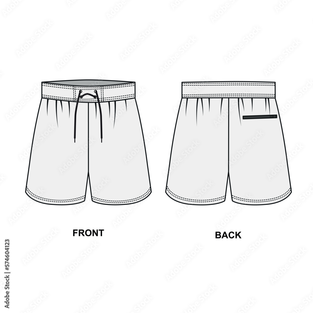 Vector drawing of drawstring shorts for boxing running swimming etc. Outline vector template of sports shorts front and back view. Sketch of short shorts for sports and leisure vector. Stock Vector
