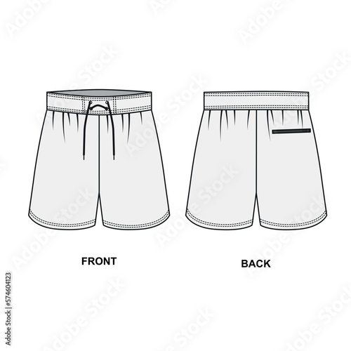 Vector drawing of drawstring shorts for boxing, running, swimming, etc. Outline vector template of sports shorts front and back view. Sketch of short shorts for sports and leisure, vector.