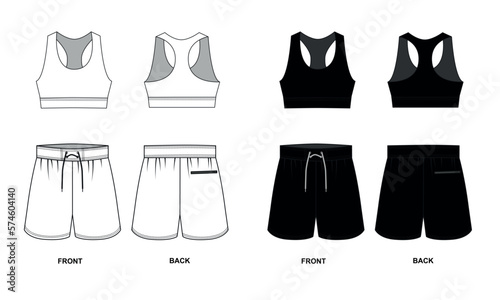 A set of vector drawings of a sports uniform from a t-shirt and shorts, white and black colors. Outline template of sports shorts and sports short top. Sketch of short shorts with zip pocket and bra