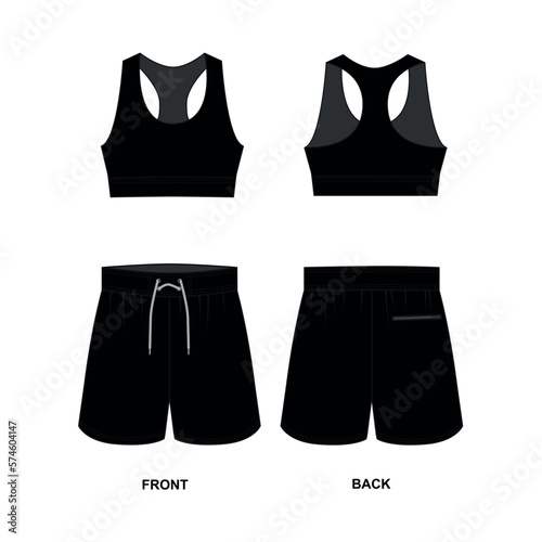 Vector drawing of shorts and drawstring top for boxing, running, swimming, etc. Vector template of sports shorts and sports bra front and back view. Short shorts and black tee sketch