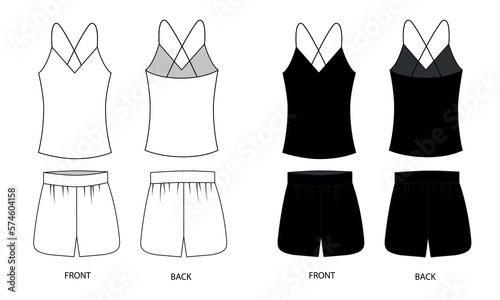 Set of vector drawings of silk top and silk shorts front and back view. Outline template of women's silk pajamas. Sleepwear, home wear, leisure wear vector template.