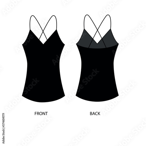 Vector drawing of a women's black top on thin straps. Sketch of a classic women's blouse, vector. Vector template of fashionable women's t-shirt.
