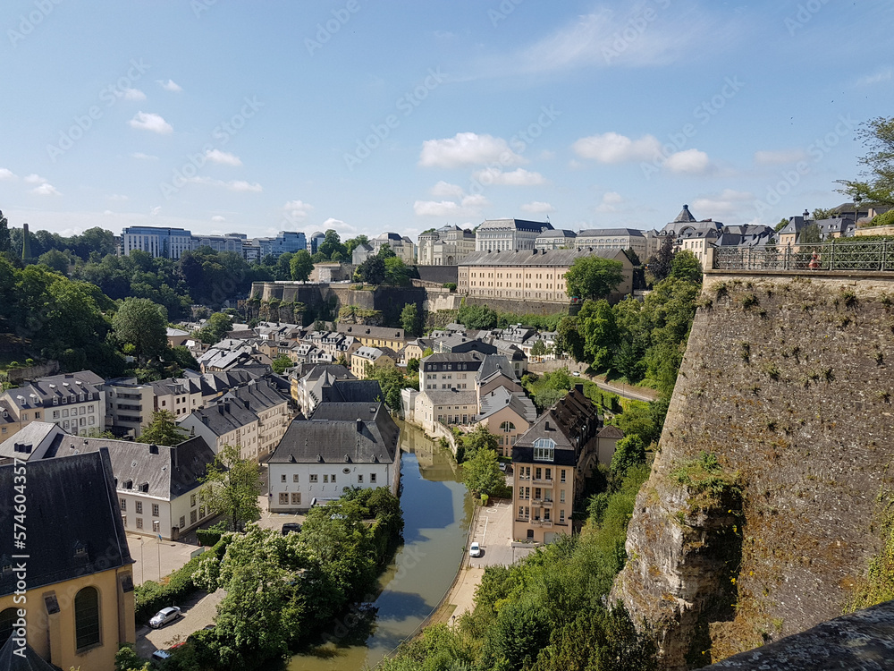 Luxembourg City panorama with buildings, city walls and Alzette river