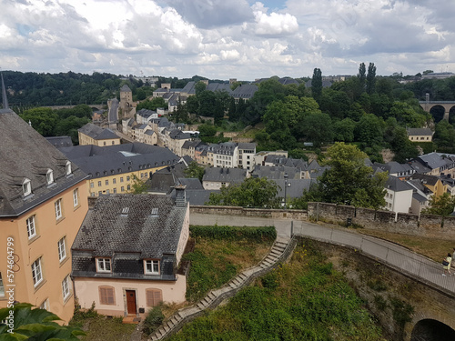 City wall and houses in Luxembourg City on a cloudy day