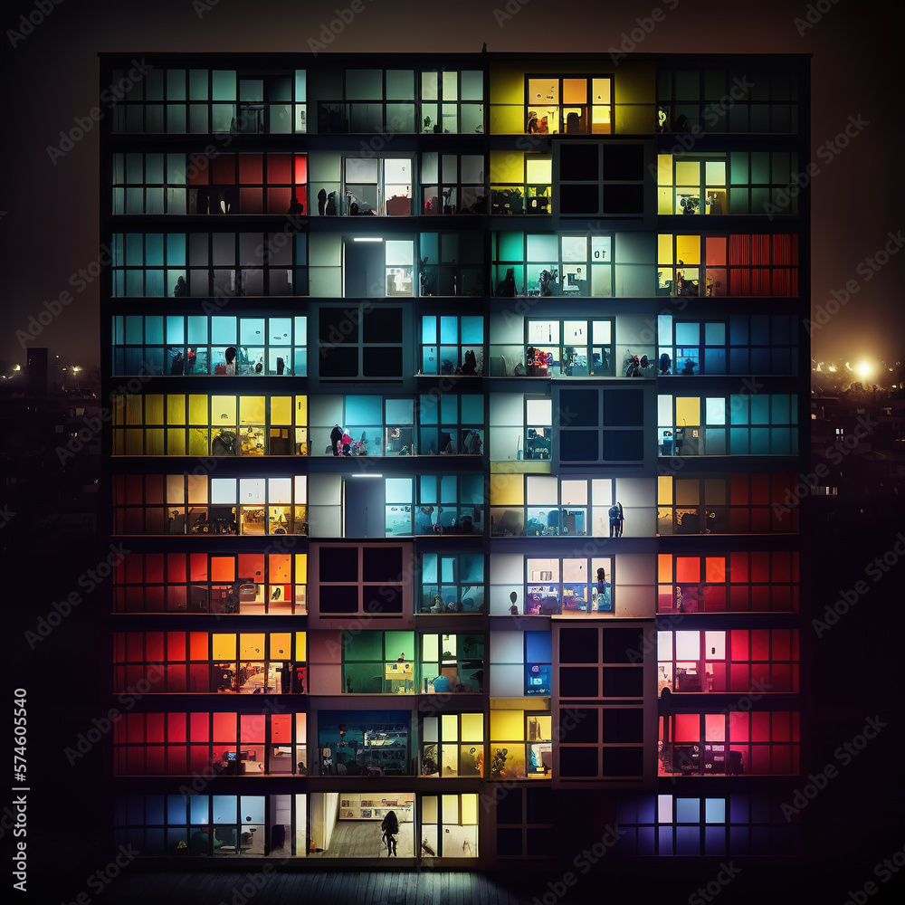 Apartment building in the evening with lighting in the apartments Apartment building in the evening with lighting in the apartments