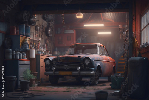 Garage with a old car. Generative AI © Andrii 