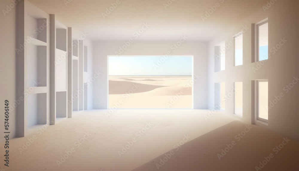 Fototapeta premium A spacious, empty modern interior room with white walls and a large window opening reveals a bright desert landscape with sand dunes and strong sunlight casting long shadows.