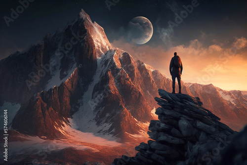 Man standing on peak of mountain with cloud scape signify success. Generative AI