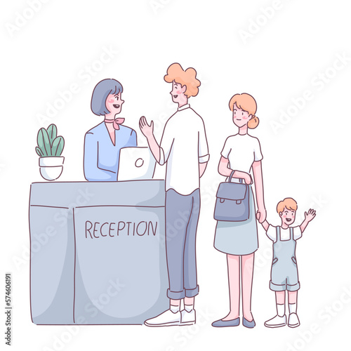 Tourist families check in accommodation in cartoon vector