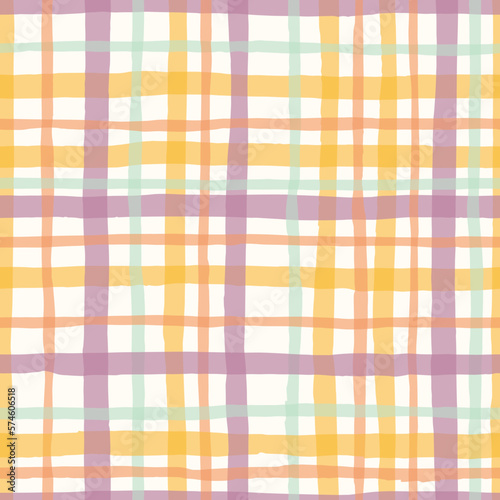 Lavender, Sage and Peach Watercolor Hand-Drawn Messy Plaid Vector Seamless Pattern. Romantic Artistic Cottagecore Checks. Homestead Farmhouse Print. Pastel Summer Graphic Background