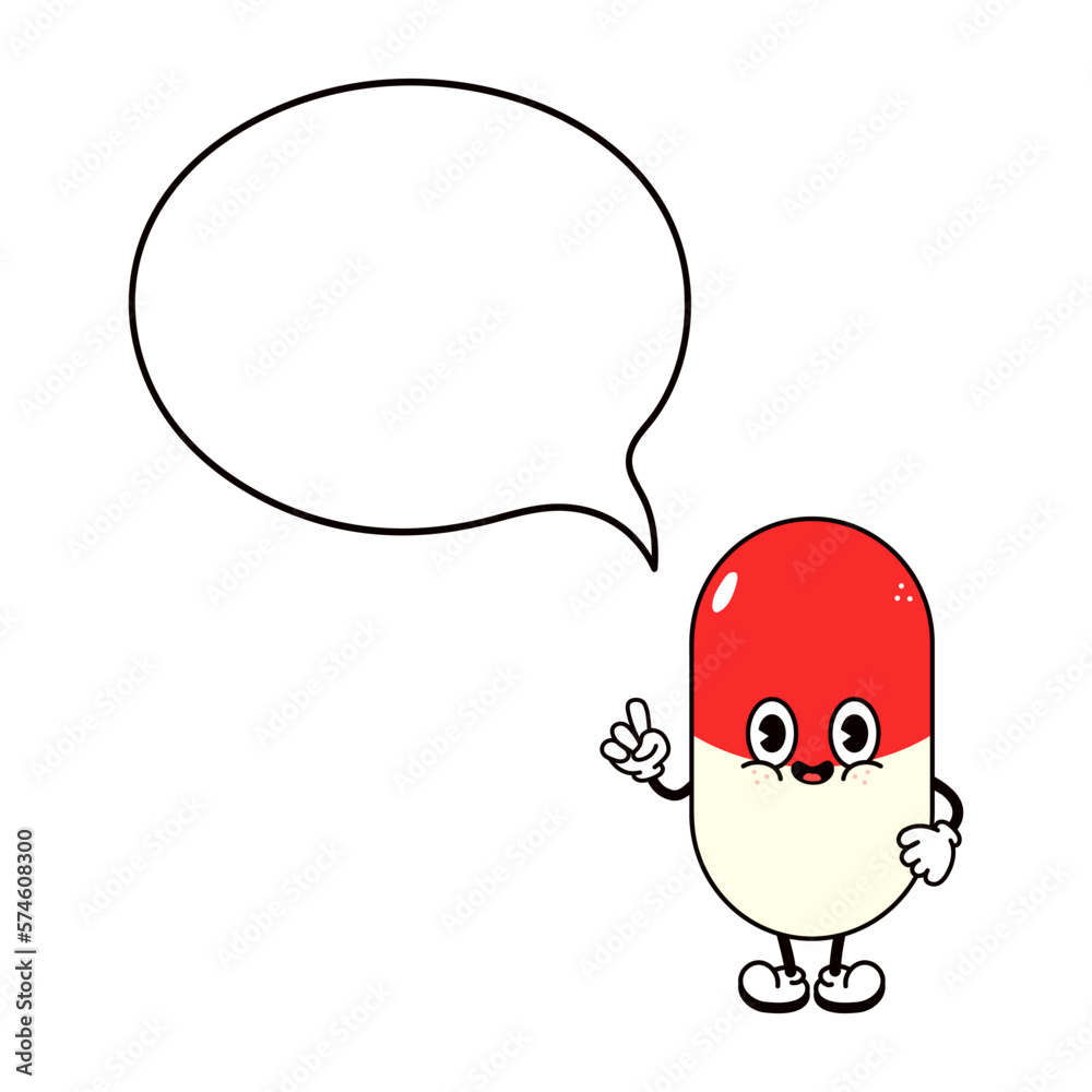 Cute funny pill with speech bubble. Vector hand drawn traditional cartoon vintage, retro, kawaii character illustration icon. Isolated white background. Pill character Cute funny pill with speech bubble. Vector hand drawn traditional cartoon vintage, retro, kawaii character illustration icon. Isolated white background. Pill character