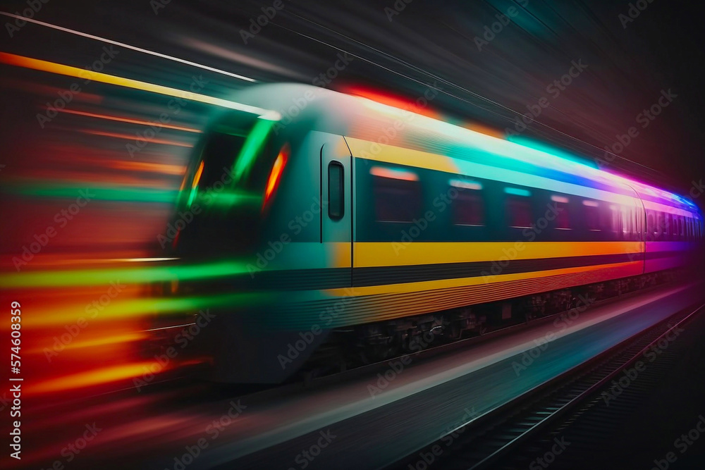 Naklejka premium Multicolored high speed train. Generative AI