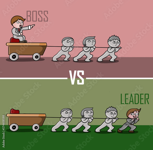 Boss vs leader comparison. Illustration, concept. Good vs bad leader