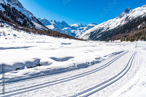 Val Roseg, in the Engadine, Switzerland, photographed on a sunny winter day.