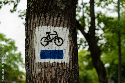 Bicycle route sign on tree in the forest. Blue path cycling road sign in the woods on trunk. The blue trail. Marking the tourist trail
