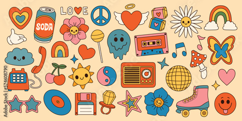 Groovy set hippie 70s. Cartoon flower rainbow peace Love heart daisy mushroom etc. Sticker pack in trendy retro style. 
