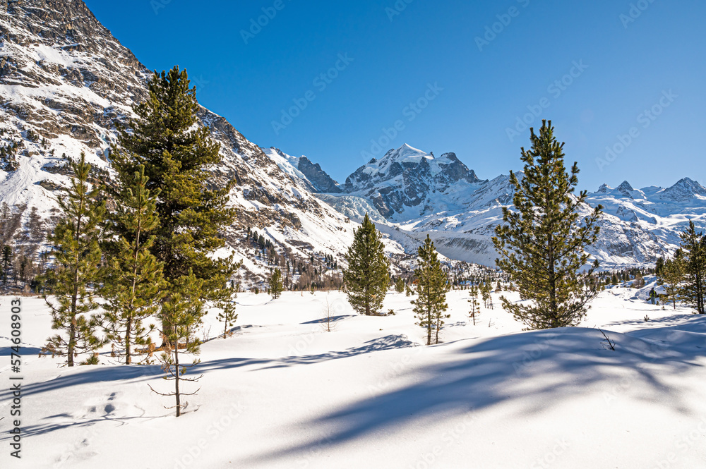 Val Roseg, in the Engadine, Switzerland, photographed on a sunny winter day.