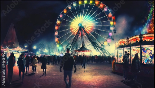 AI generated Carnival in the amusement park at night with ferris wheel