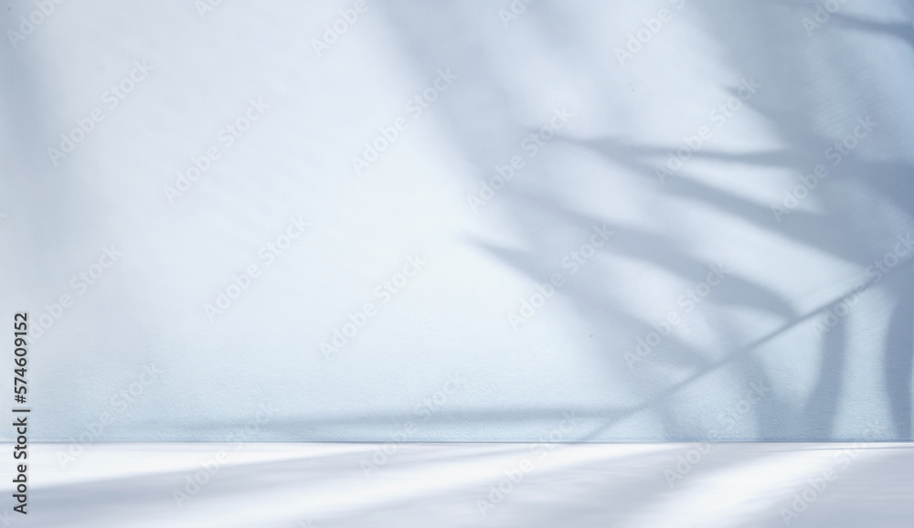 Minimal abstract light blue background for product presentation. Shadow of tropical leaves and curtains window on plaster wall. - obrazy, fototapety, plakaty 