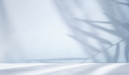 Minimal abstract light blue background for product presentation. Shadow of tropical leaves and curtains window on plaster wall.