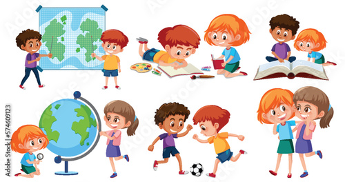 Set of children cartoon character learning different subjects