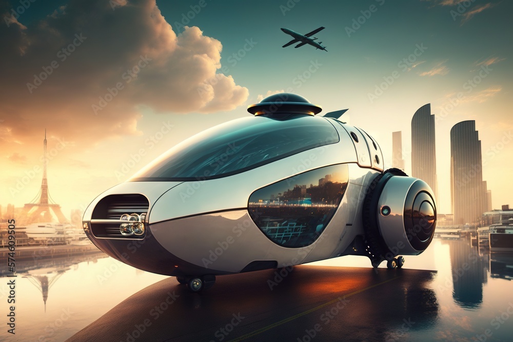 Modern futuristic car in the middle of highway road with a city at the background. Generated with AI. Suitable for promotion, background design, wallpaper, futuristic website, poster, banner.