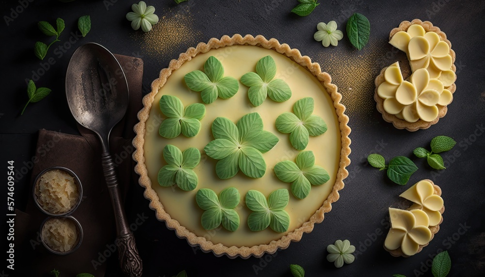 lime tart, st. patrick's day, shamrock, top view, generative AI lime tart, st. patrick's day, shamrock, top view, generative AI