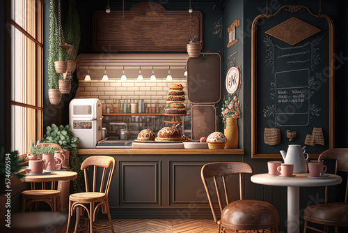 Stampa su tela Cozy cafe interior, coffee shop Colorful cartoon modern illustration, good for your design