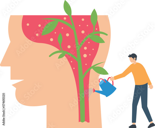 Businessman working on self improvement, Self improvement, development or growth mindset, motivation to grow and achieve career success, learning new skill or knowledge, man watering plant growing fro